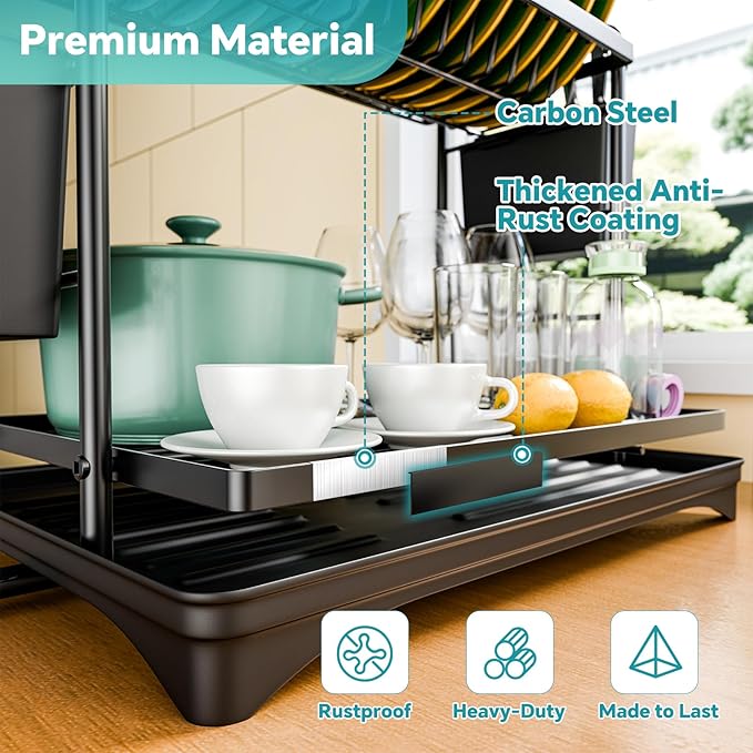 Simple Trending Dish Rack, Dish Drying Rack 2 Tier, Stainless Steel Dish Drainers with Utensil Holder and Drainboard for Kitchen Sink Organizers, 12" w x 16.6" L, Black