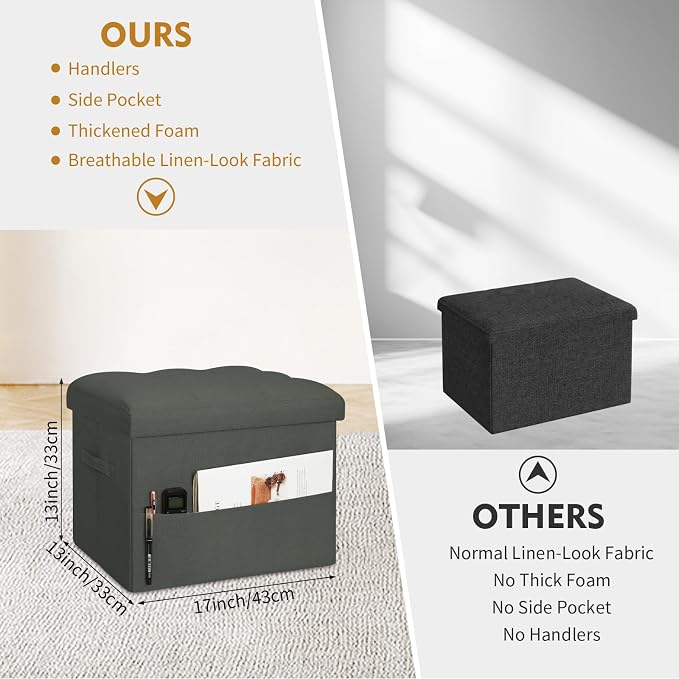 BelugaHelper Small Ottoman with Storage, Foldable Ottoman Foot Rest Stool with Thicker Foam Padded Seat. Linen Storage Bench for Bedroom Living Room, Holds Up to 300 lbs, 17x13x13IN(Black Green)