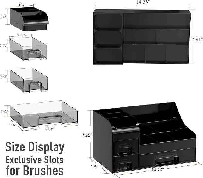 Large Makeup Organizer for Vanity,Countertop Organizer with Drawers and Brush Holder,Men’s Cologne Organizer for Bathroom,Cosmetic Skin Storage for Lipsticks,Nail Polish & Shaving Lotion,Black