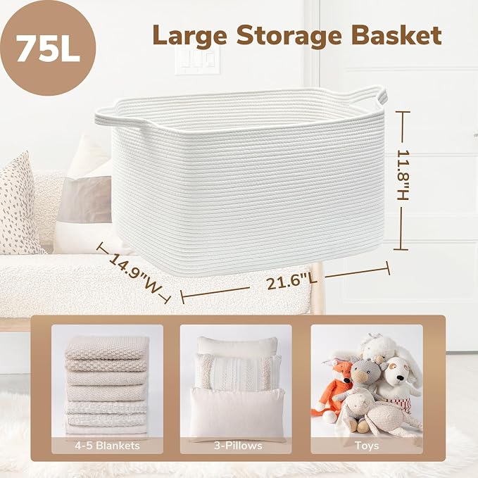 Goodpick Large Blanket Basket Living Room, Storage Baskets for Organizing, Woven Rope Laundry Basket for Toy Storage, 21.6" x 14.9" x 11.8", White