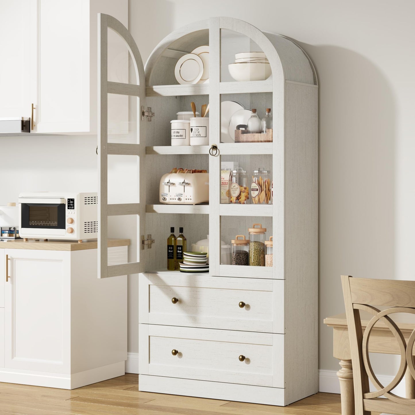 Garvee 72" Tall Dome Bookcase with Drawers, 4-Tier Wooden Bookshelf Cabinet with Glass Door, Farmhouse Arched Cabinet with Display Shelves, Wood Bookcase for Home Office, Living Room, Rustic White