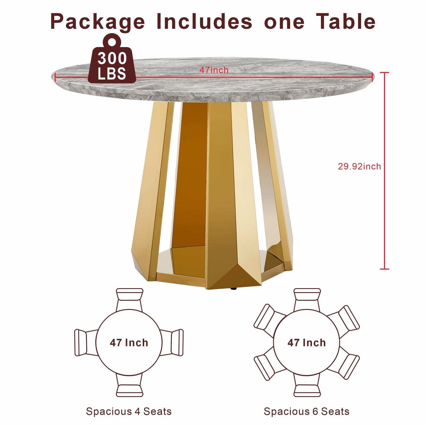 Glyph Form Round Faux Marble 47" Dining Table for 4-6, Luxury Gold Kitchen Table with Stainless Steel Base, Easy to Clean & Heavy Duty Modern Dining Room Table for Home Office,Grey, MDF(Table Only)