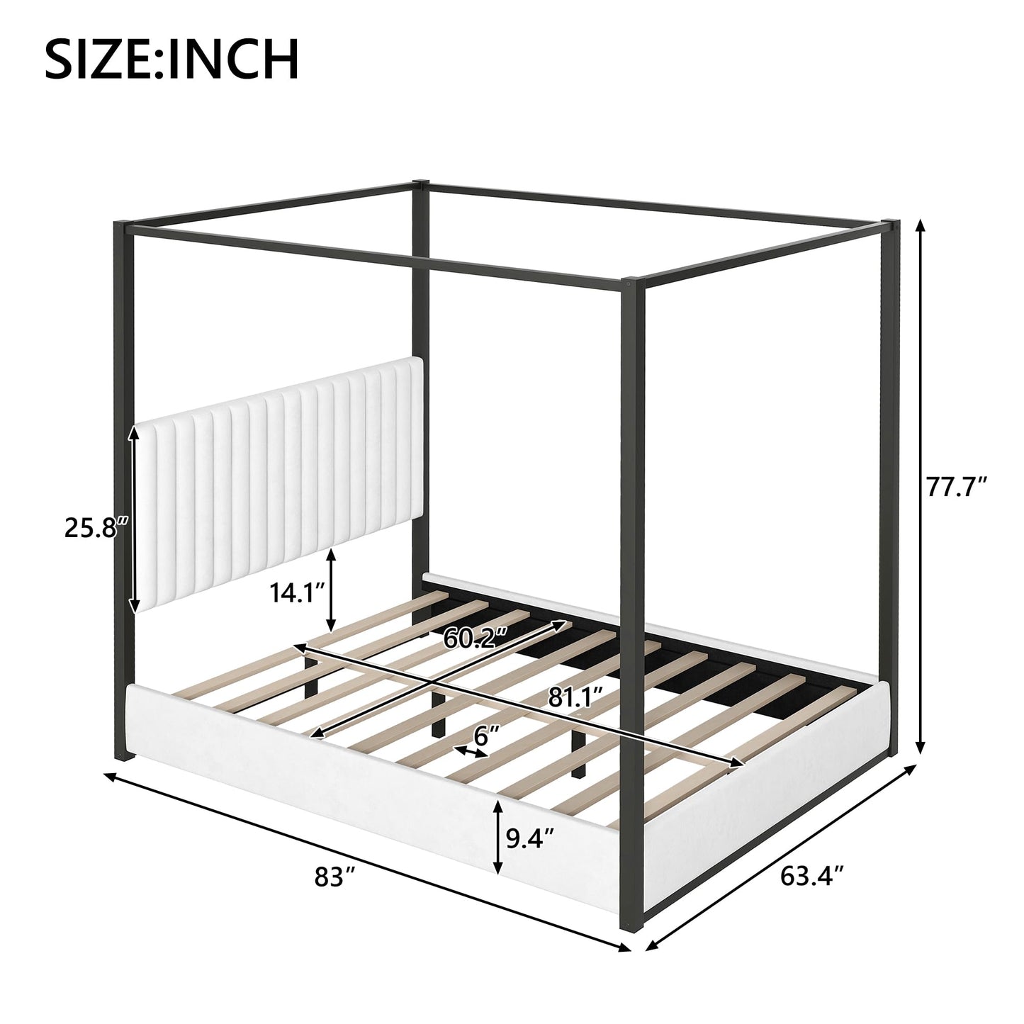 LUMISOL Queen Size Metal Canopy Bed Frame, Black 4 Poster Bed with Tall Upholstered Headboard, Upholstered Low Profile Canopy Platform Bed with Slats Support, No Box Spring Needed, Black + White