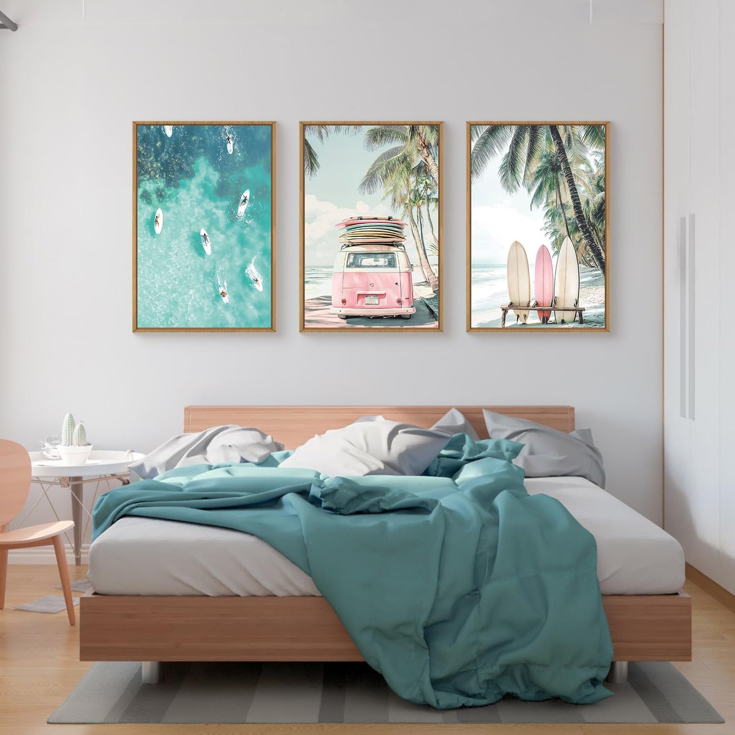 HOURIA Summer Surfboard Beach Framed Canvas Wall Art Set,Modern Ocean Surfing Seascape Wall Decor,Coastal Bus Coconut Tree Wall Painting,Nature Botanical Art Prints for Living Room, Bedroom-16 x24 x3