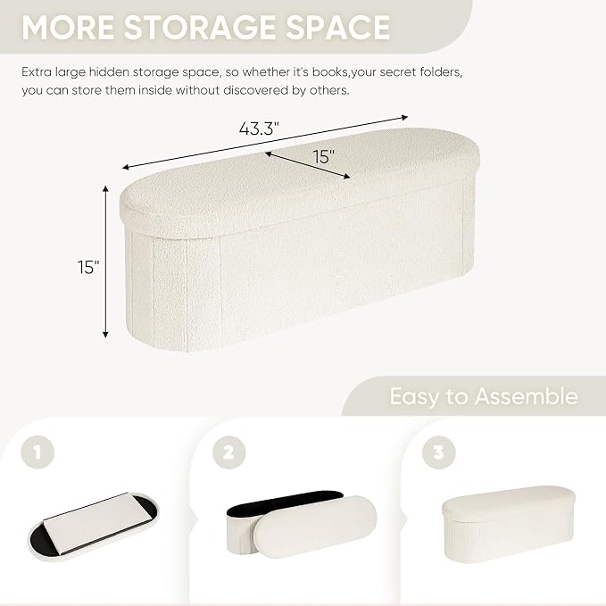 B FSOBEIIALEO Ottoman with Storage for Living Room, Sherpa Folding Storage Ottoman Foot Rest, 43.3 Inches Collapsible Bedroom Bench White Cream