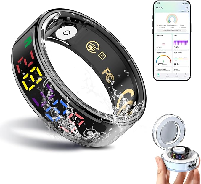 Smart Ring for Women Men, Health Ring with Colorful Display, Fitness Tracker with Heart Rate, Blood Oxygen, Sleep Monitor, No Subscription Fee, 5ATM Waterproof for iPhone & Android (Black, 11)