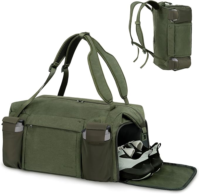 Gym Bag for Men with 2 Upgraded Bottle Holders Convertible Duffle Bag and Gym Backpack Waterproof Sports Bags with Shoes Compartment and Wet Pocket - Dark Green