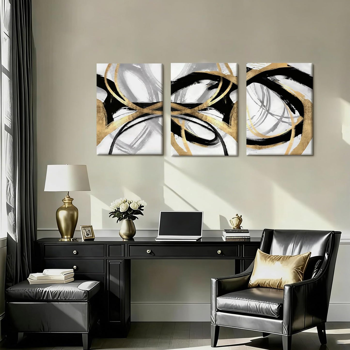 LYYGLYY 3Pcs Framed Black and Gold Canvas Wall Art for Living Room, Abstract Black and Gold Poster Print Wall Decor, Modern Minimalist Line Artwork for Office, Home, 12x16 Inches