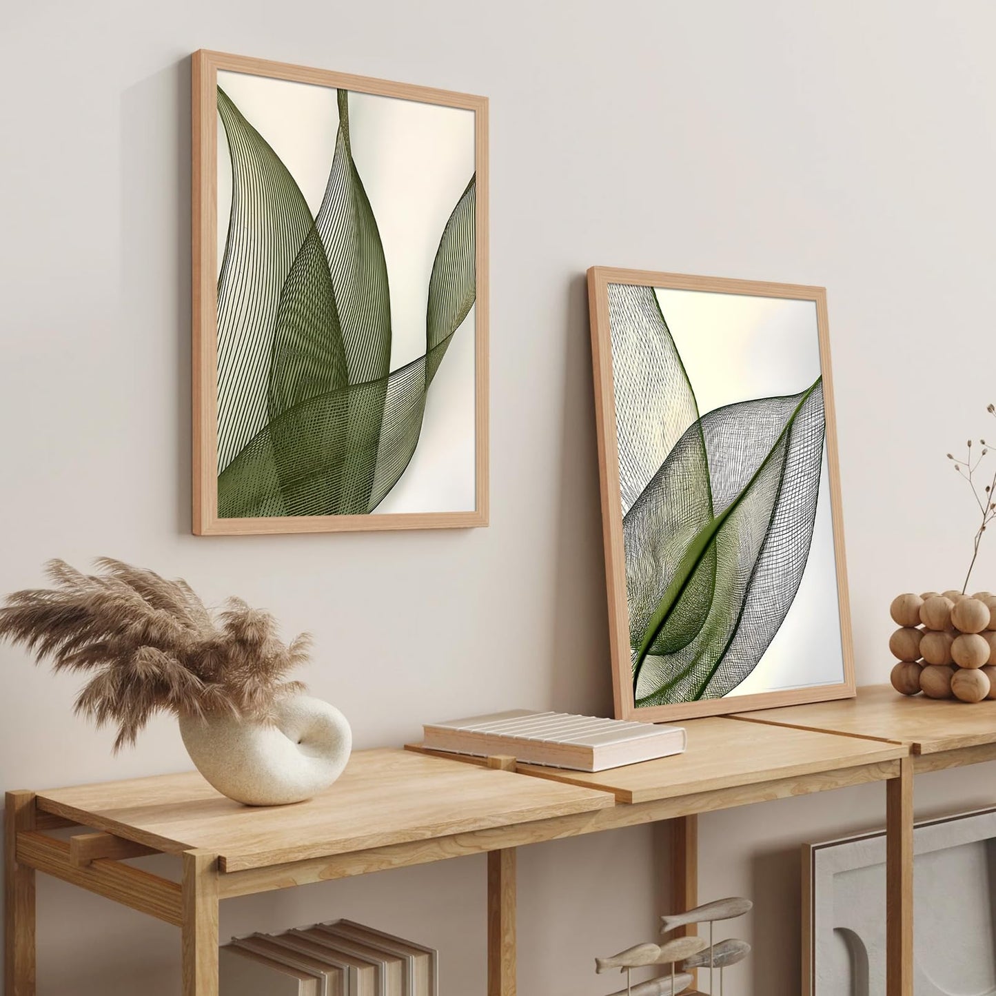 Green Leaf Wall Art Set of 2 with Wooden Frame – Minimalist Botanical Plant Prints, Modern Boho Tropical Leaves Painting, Framed Picture Wall Decor 12x16 Inch