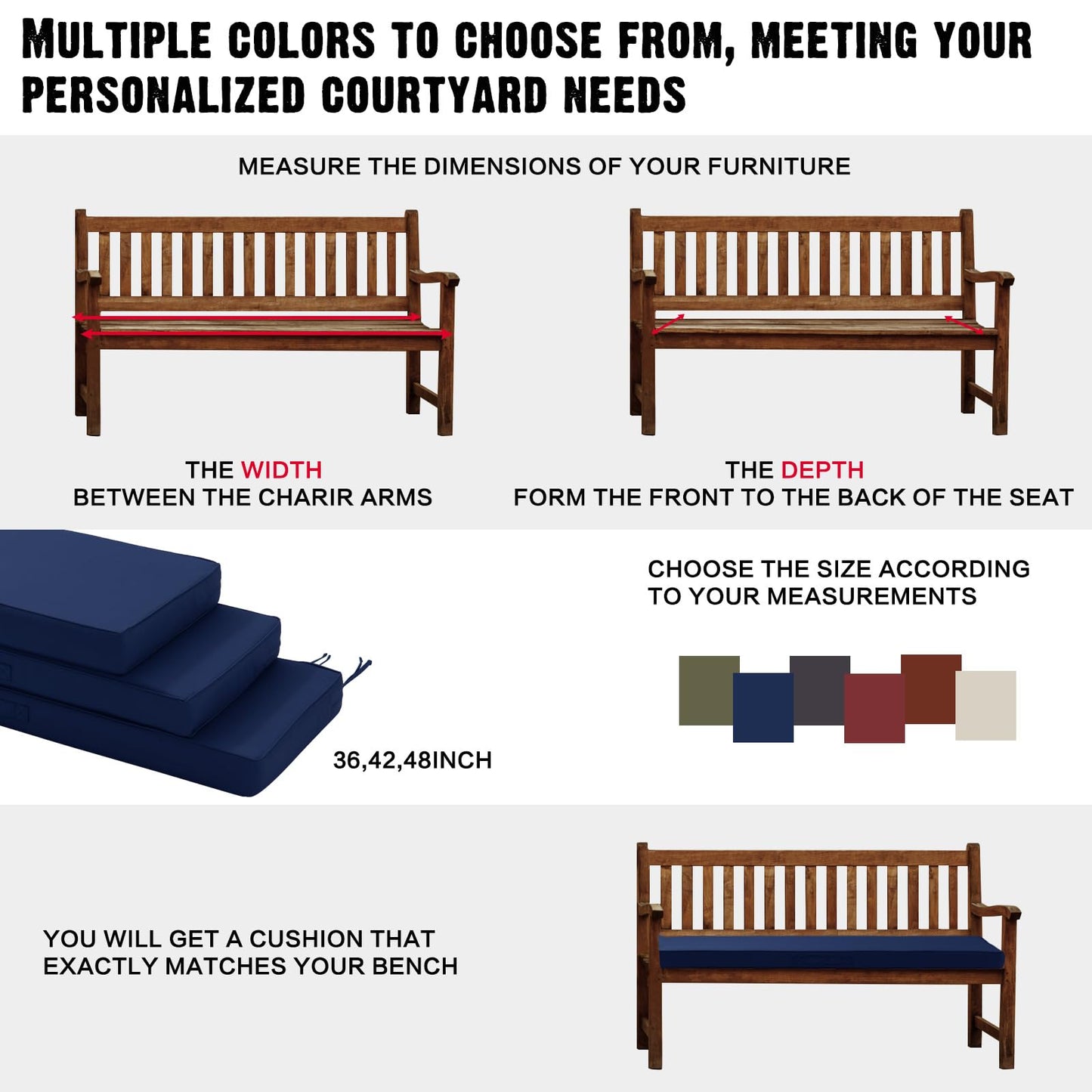 YIJIAN HOME Outdoor Bench Cushion 48 x 18 x 4 Inch, Memory Foam Patio Bench Cushion for Outdoor Furniture Waterproof, Porch Swing Pad with Handle and Adjustable Strap, Navy