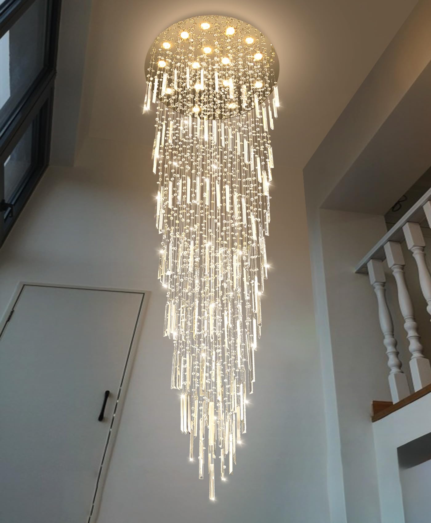 D40'' x H120'' Crystal Chandelier High Ceiling Chandeliers for Entryway Large Raindrop Chandeliers LED Dimmable Flush Mount Light Fixtures for Staircaes Foyer Hallway Living Room Bulbs Included Silver