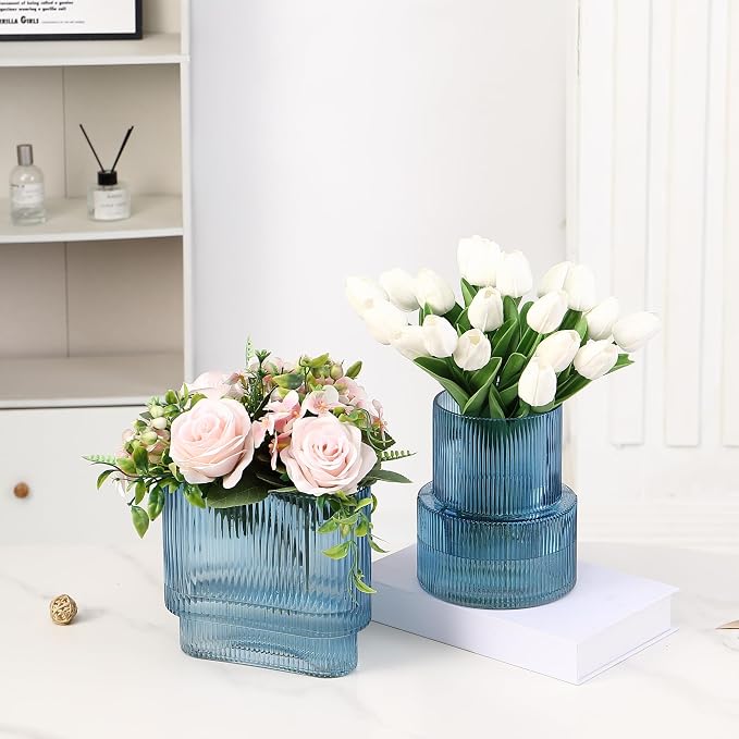 Blue Glass Vases, Set of 2 Ribbed Vases for Flowers, Blue Vase for Tulips, Modern Glass Vase for Living Room, Dining Table, Office, Entryway, Mantle, Bookshelf, Wedding Gifts