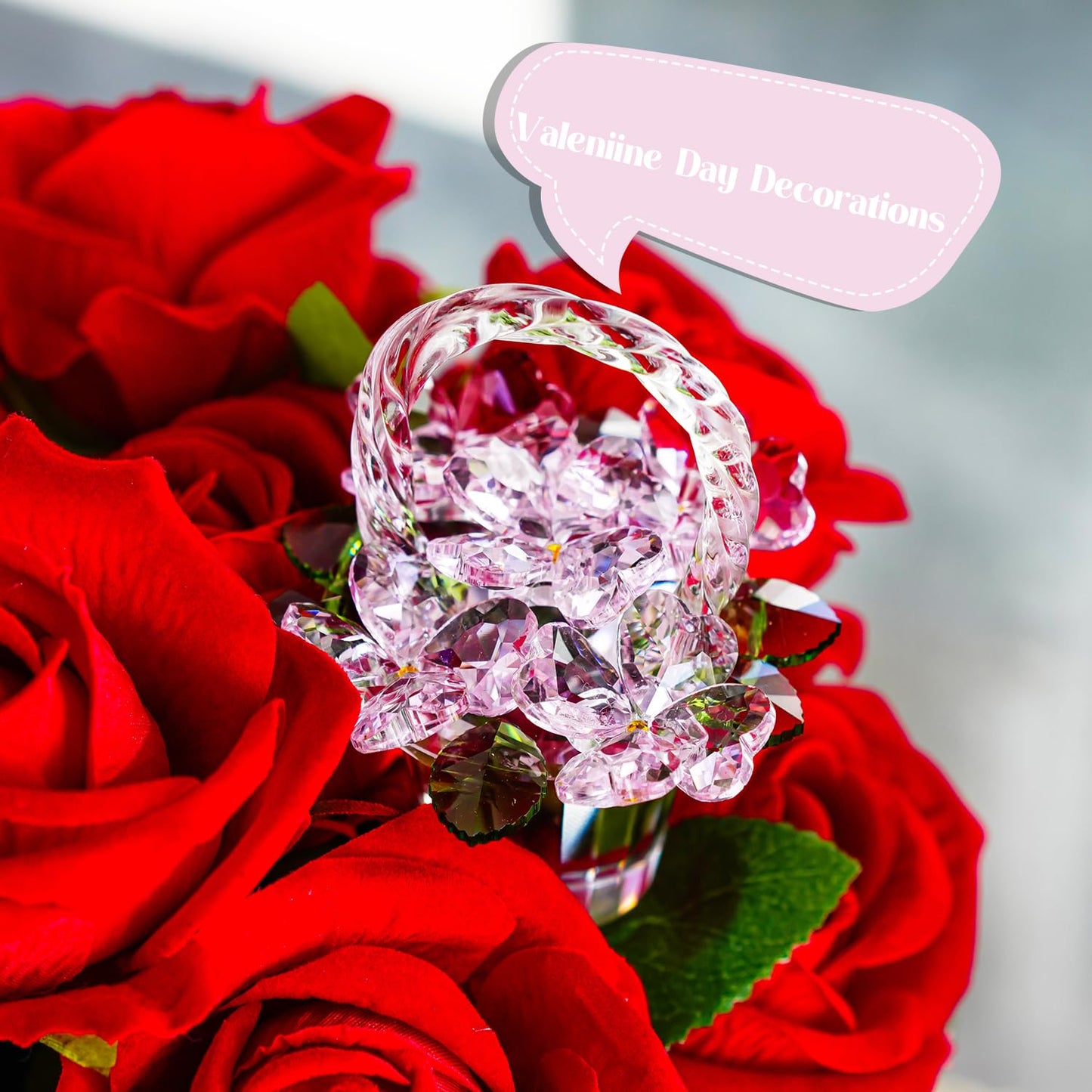 H&D HYALINE & DORA Crystal Pink Flower Basket Figurine,Crystal Gifts for Women, Glass Flower Collectible Figurines for Home Wedding Christmas Decor(with 5 Flowers)