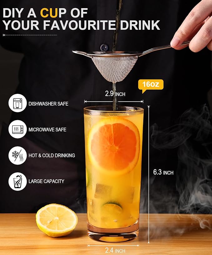 LUNA & MANTHA Drinking Water Glasses Set, Lead-Free Crystal Highball Glass, Tall Glass Cups for Cocktail Parties,Clear set of 6,16oz