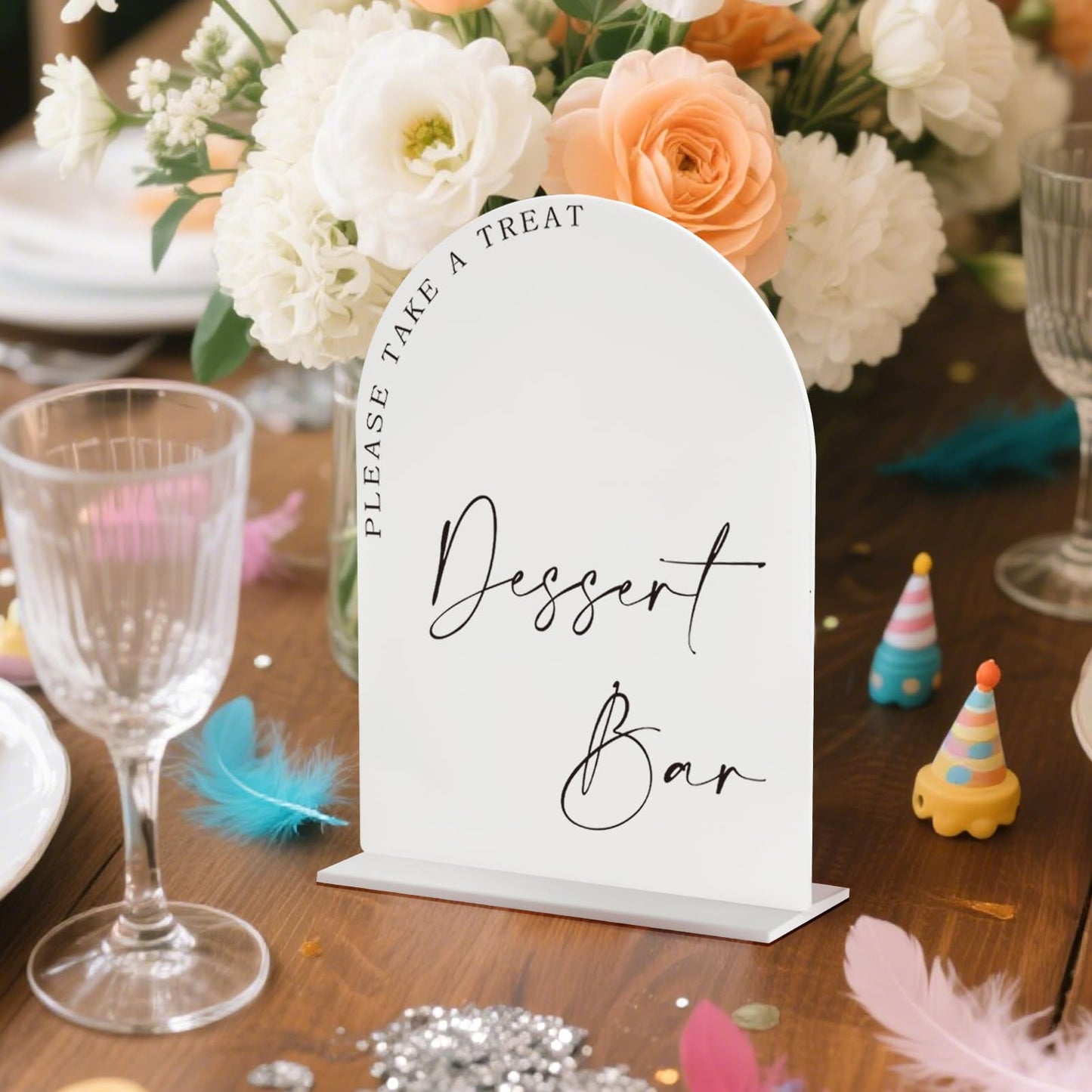 Acrylic Dessert Bar Sign – 6x8” Arch Tabletop Sign with Base, 1/8” Thick – Modern Wedding Dessert Table Décor, Party Reception Candy Bar Signage White