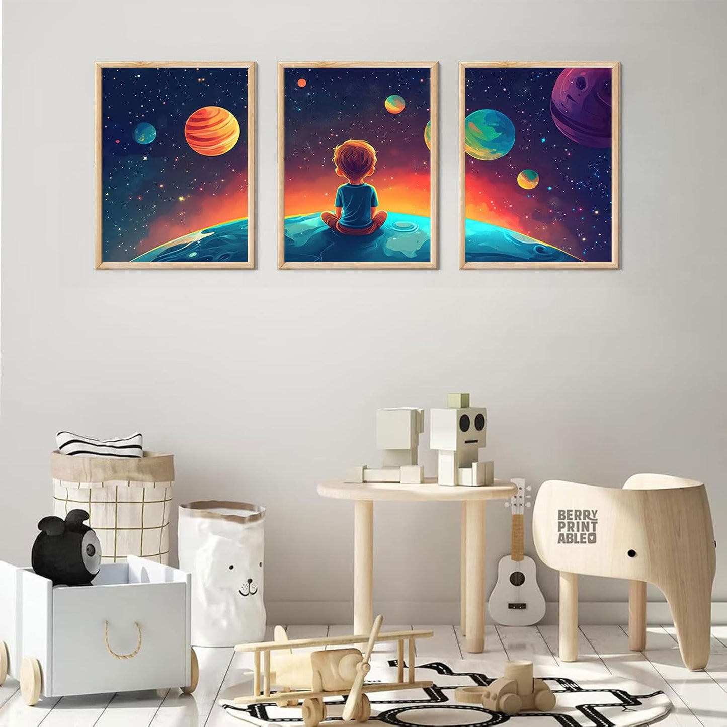 3Pcs Space Boy Wall Art Cute Inspirational Canvas Painting Space Fantasy Wall decor pictures with Planet Pattern posters Prints for Child’s Bedroom Office and Home Decoration Unframed 12x16in posters