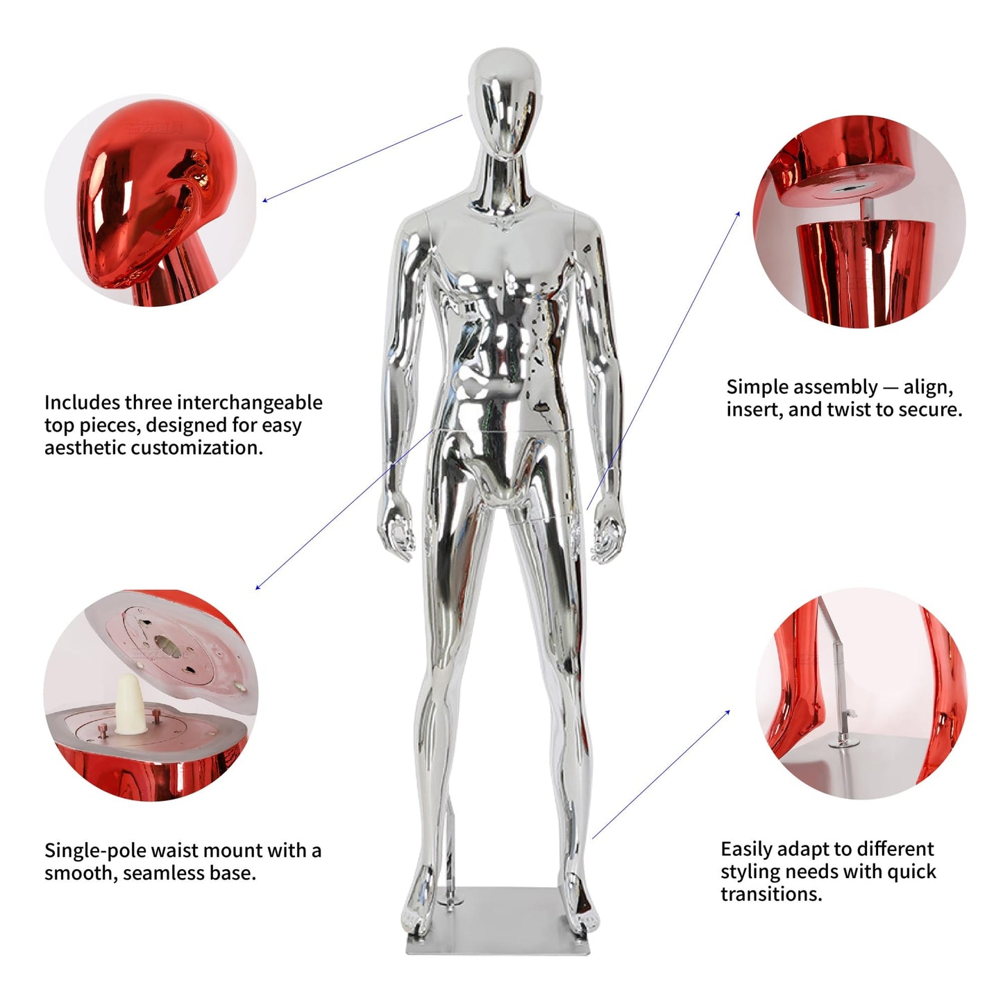 Full Body Male Mannequin with Chrome Metallic Finish, Fiberglass Abstract Dress Form with Posable Head, Futuristic Retail Display Dummy with Metal Base for Men's Fashion Window(Rose Gold)