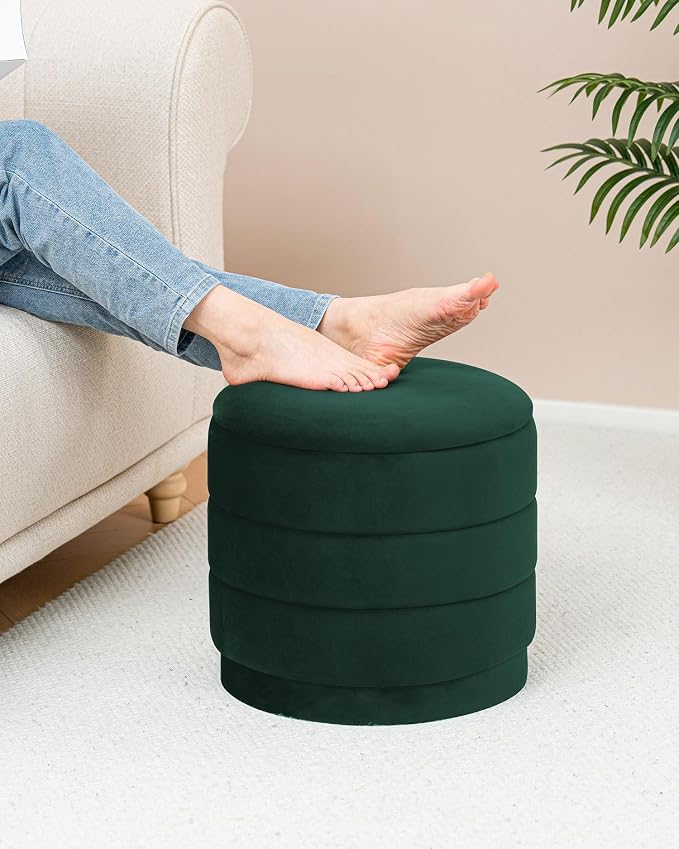 B FSOBEIIALEO Round Velvet Storage Ottoman with Tray, Folding Ottoman with Storage Coffee Table Foot Rest for Dorm Room, Living Room Bottle Green, 15.35"x15.35"x14.57"