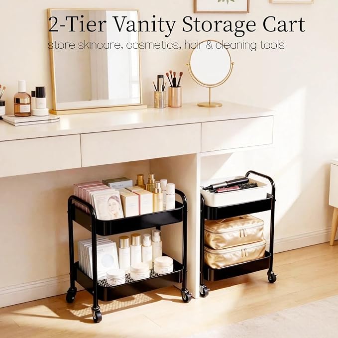 2 Tier Metal Rolling Utility Cart with Wheels Under Desk Storage Cart with Handle, Roll Around Organizer Trolley for Small Space Pantry Bathroom Home Kitchen Office Snack Baby Supplies, Black