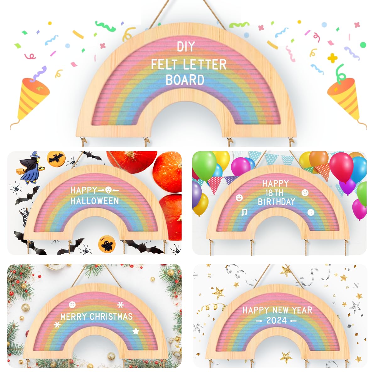 CJIAWYS Picture Frames Collage Wall Decor Hanging Photo Display, Personalized Gifts for Teen Girls, Unique DIY Rainbow Felt Letter Board with 340 Letters and 20 Clips for Kids Teenage Birthday Party
