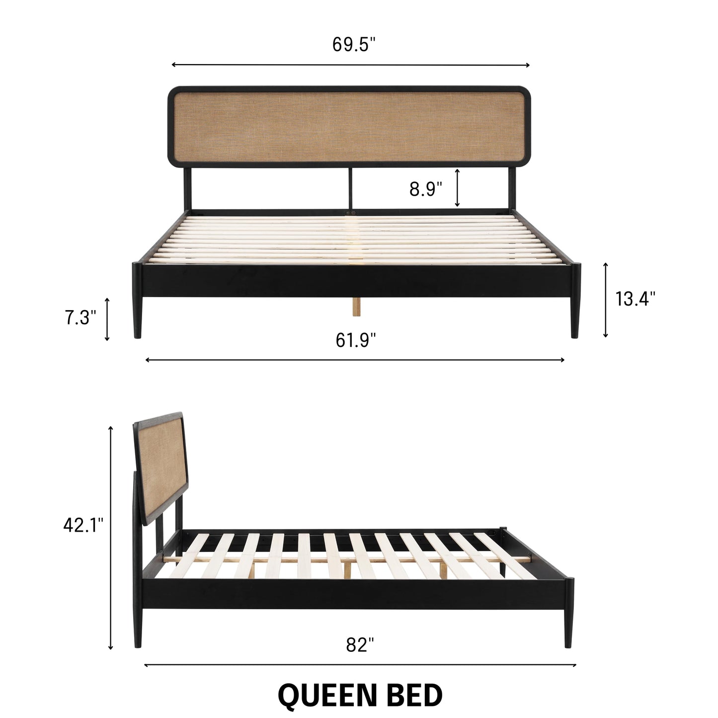 NTC Lupin Wooden Bed Frame with Headboard, Solid Oak and Rubber Wood Foundation with Silent Slats and Wood Central Supports, 1000 Lb Capacity, Effortless Assembly, Queen - Burnt Black