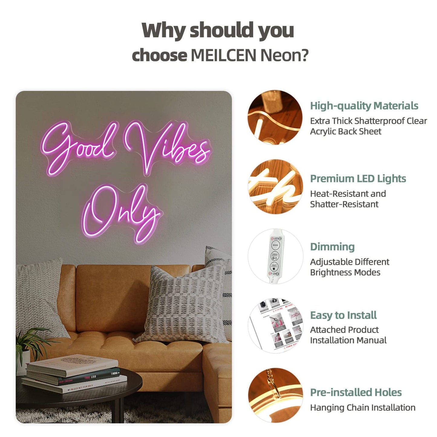 Good Vibes Only Neon Signs for Wall Decor -56.57" x 13.5" Pink large Neon Sign LED Art Decorative Lights with Dimmable for Bedroom Home, Club Bar and Party Decor