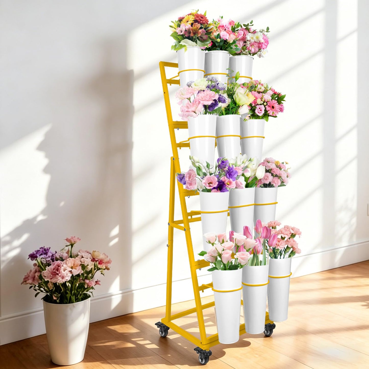 ZpigToor Flower Display Stand With 12 Buckets,4-Tier Flower Bar with Wheels,Flower Cart Display Stand for Florist Garden Wedding Home Decor (Gold)