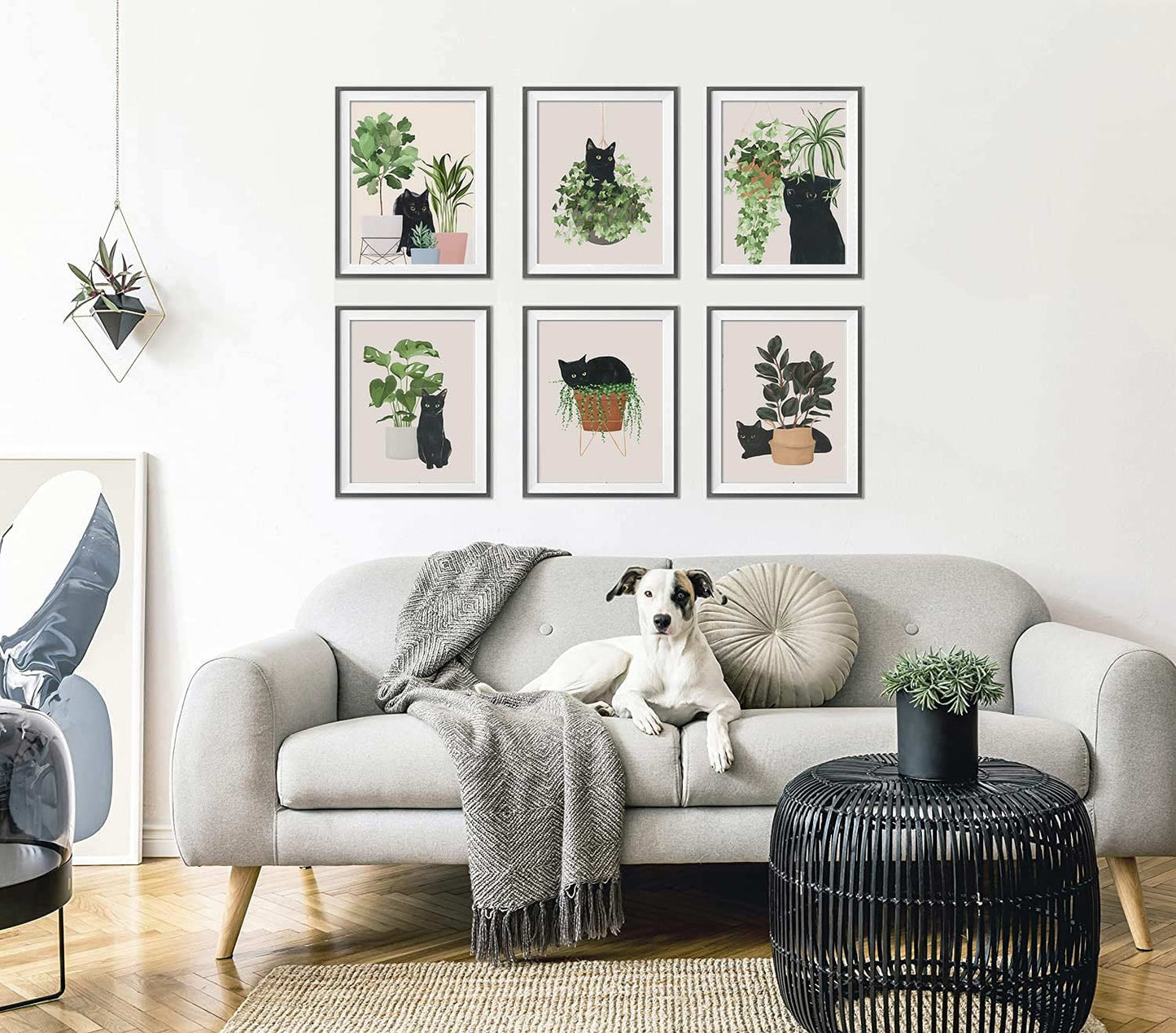6pcs Cute Black Cat Botanical Wall Art, Green Leaves Plants Boho Wall Art Canvas Paintings, Minimalist Aesthetic Poster Prints Wall Decor Pictures for Living Room Bedroom Office, Unframed (8"x10")