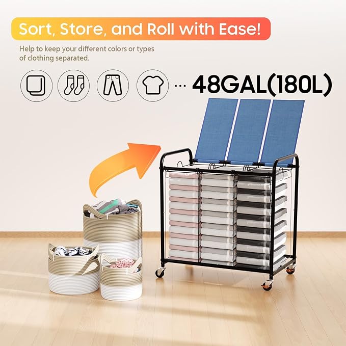 180L (47.55 Gal) Laundry Sorter 3 Section, Rolling Laundry Basket with Lockable Wheels and Lid, Laundry Hamper with 3 Separated Removable Bags Dirty Clothes Hamper for Laundry Room Organizer, Blue