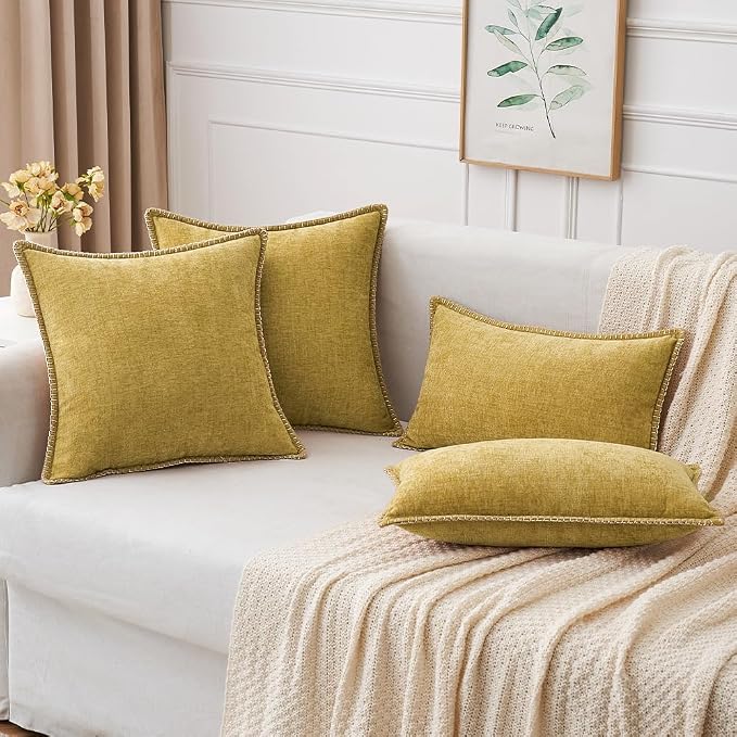 MIULEE Pack of 2 Lumbar Throw Pillow Covers 12x20 Inch Mustard Yellow Farmhouse Decorative Pillow Covers with Stitched Edge Soft Chenille Solid Dyed Pillow Covers for Couch Sofa Bed Living Room
