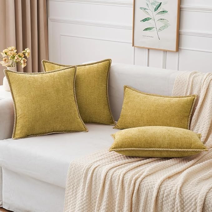 MIULEE Pack of 2 Couch Throw Pillow Covers 20x20 Inch Mustard Yellow Farmhouse Decorative Pillow Covers with Stitched Edge Soft Chenille Solid Dyed Pillow Covers for Sofa Bed Living Room
