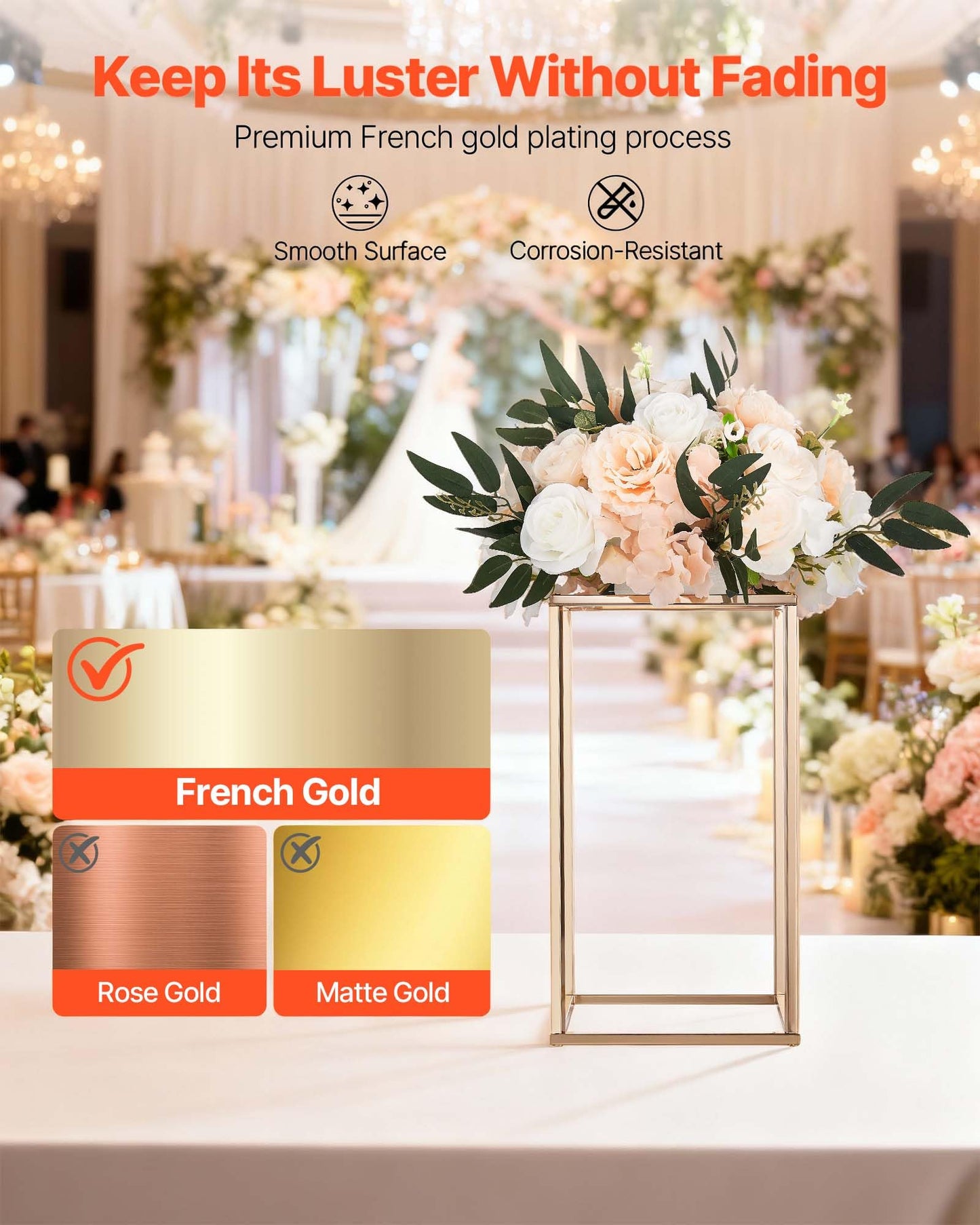 VEVOR Wedding Flower Stand, 10PCS 15.75-inch Column Flower Stand, Floral Stands with Acrylic Laminate, Rectangular Floral Display Rack for Wedding, Party, Birthday, Home, French Gold Centerpiece Stands