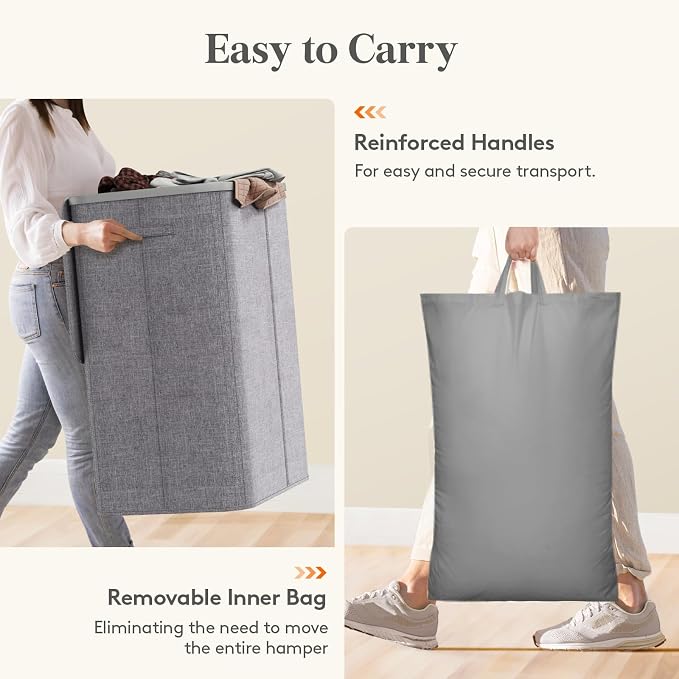Lifewit 185L 3 Section Laundry Hamper with Lid, Large Laundry Basket with Handles and Removable Bags, Tall Clothes Hamper, Foldable Laundry Sorter for Bedroom Bathroom, Light Gray
