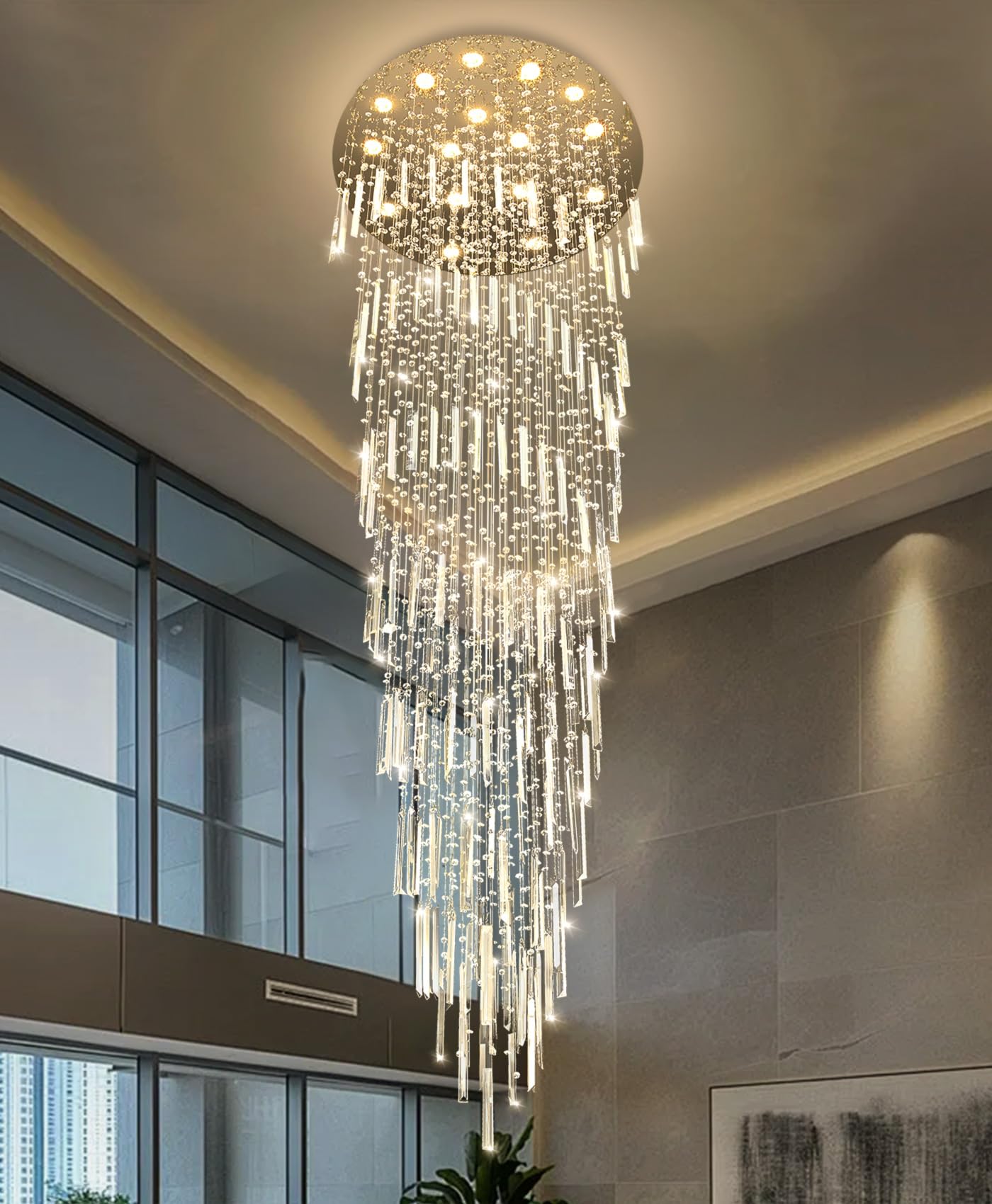 D40'' x H120'' Crystal Chandelier High Ceiling Chandeliers for Entryway Large Raindrop Chandeliers LED Dimmable Flush Mount Light Fixtures for Staircaes Foyer Hallway Living Room Bulbs Included Silver