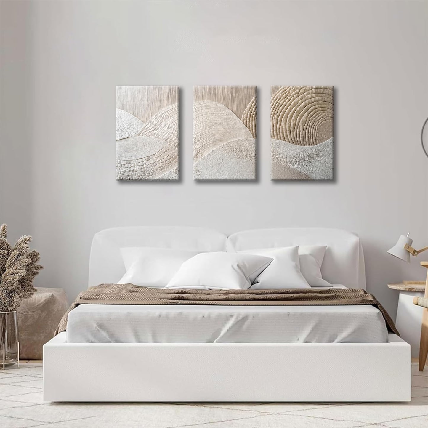 skysoon 3 Panels Neutral Abstract Wall Art, Minimalist Textured Canvas Wrapped Wall Decor, Beige Modern Boho Nordic Artwork for Living Room Bedroom Office 12x16 Inch