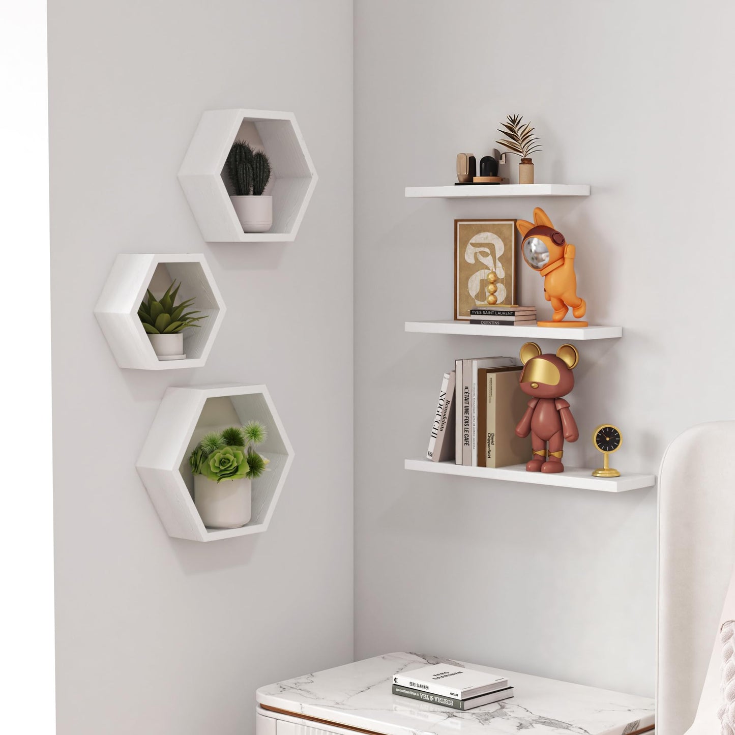 LUDORU Wooden Hexagon Floating Shelves Wall Mounted - Set of 6 Pine Wood Hexagon Shelves Display for Photos,Plants,Rustic Honeycomb Shelves for Living Room, Bedroom,Bathroom, Kitchen, Office, White.