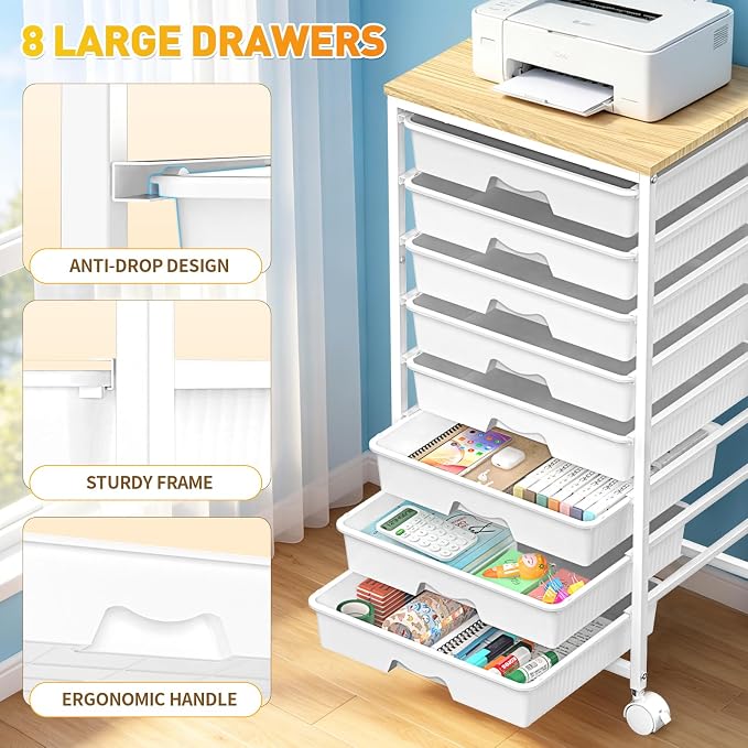 SUNALLY Rolling Cart With 8 Drawers, Storage Drawer Carts with Wooden Tabletop and 2 Lockable Wheels, 8 Tier Rolling Cart for Craft Art Supply Storage & Home Office Organization, White
