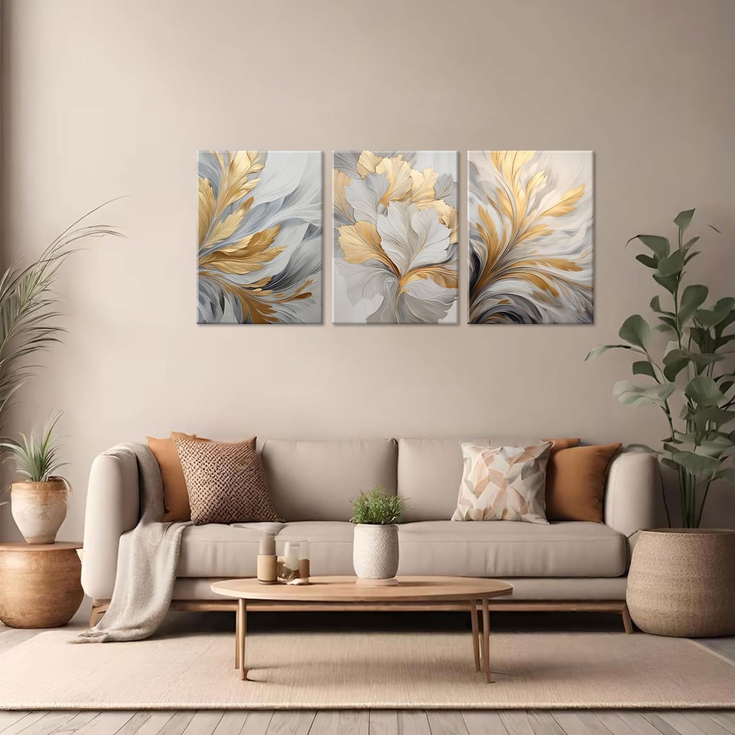 3Pcs Modern Abstract Golden White Leaves Canvas Wall Art Neutral Botanical Wall Decor Pictures Luxury Posters Prints for Living Room Bedroom Office Home Decorations, 12x16in