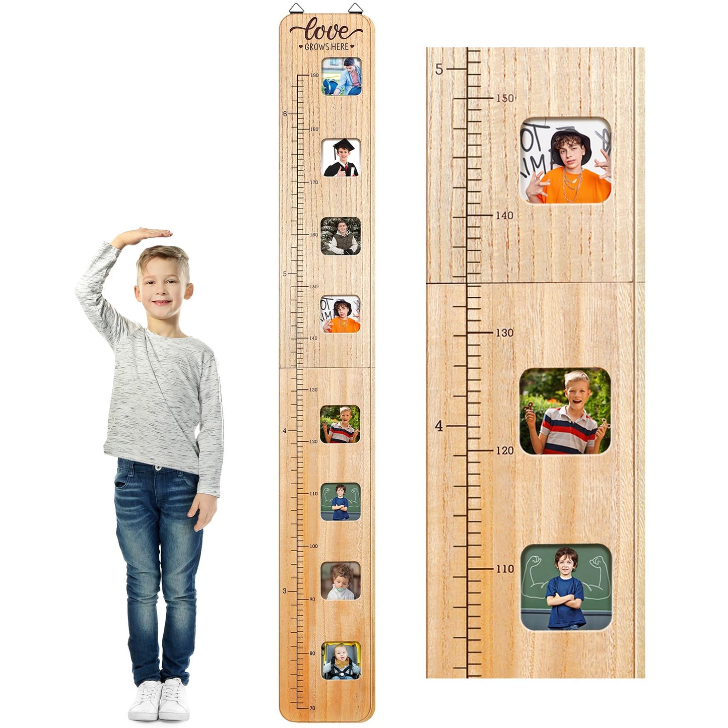 Chunful Wooden Growth Chart for Kids with Picture Frames Height Growth Chart for Wall Foldable Height Measurement Ruler for Boy Girl Teen Bedroom Playroom Nursery Child's Room Wall Decoration