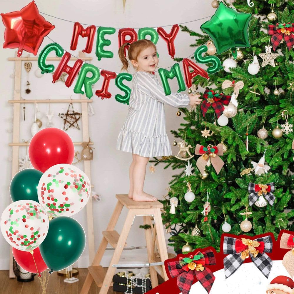 Merry Christmas Balloons Banner 13pcs Aluminum Foil 16 Inch Letters with 2pcs 18 Inch Star Balloons 30pcs Red Green Confetti Balloon for Christmas Party Decorations