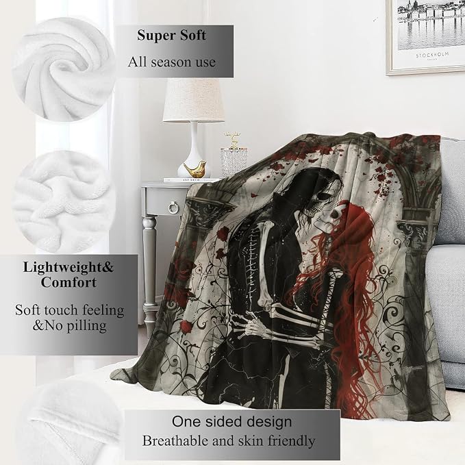 Gothic Romance Skull Lovers Blanket,Red Rose Skeleton Throw Blankets,Gifts for Women Men, Lightweight Soft Fleece Cozy,for Sofa Couch Bed Room Travel,Festival Halloween Goth Decor,40x50in