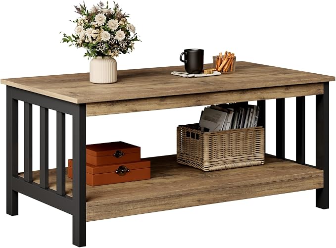 ChooChoo Farmhouse Coffee Table, Living Room Table with Shelf, 40 Rustic Oak & Black