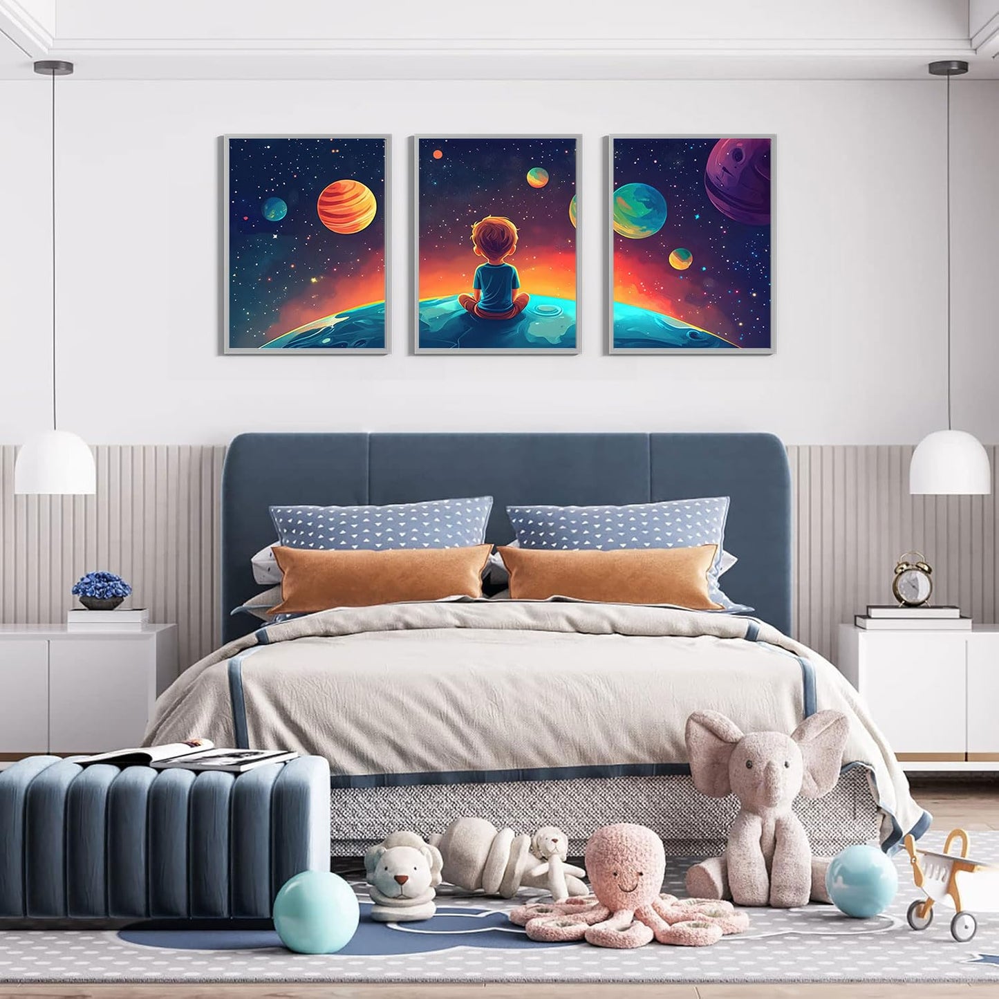 3Pcs Space Boy Wall Art Cute Inspirational Canvas Painting Space Fantasy Wall decor pictures with Planet Pattern posters Prints for Child’s Bedroom Office and Home Decoration Unframed 12x16in posters