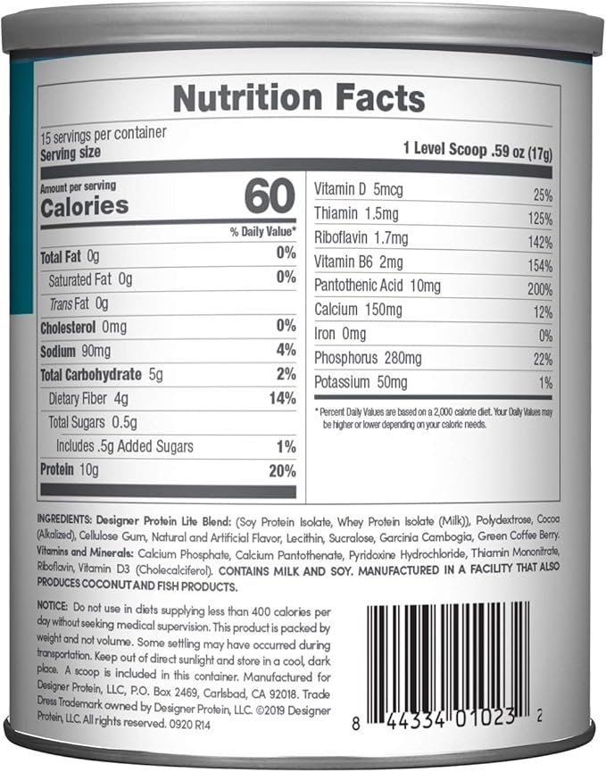 Designer Wellness, Designer Lite, Low Calorie Natural Protein, Prebiotic Fiber, Key Vitamins & Minerals, Chocolate Cookies & Cream, 9.03 Ounces