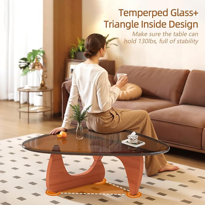 Coffee Table for Living Room Mid Century Modern Center Small Table with Glass Top and Wood, Walnut Brown(36 Inch)