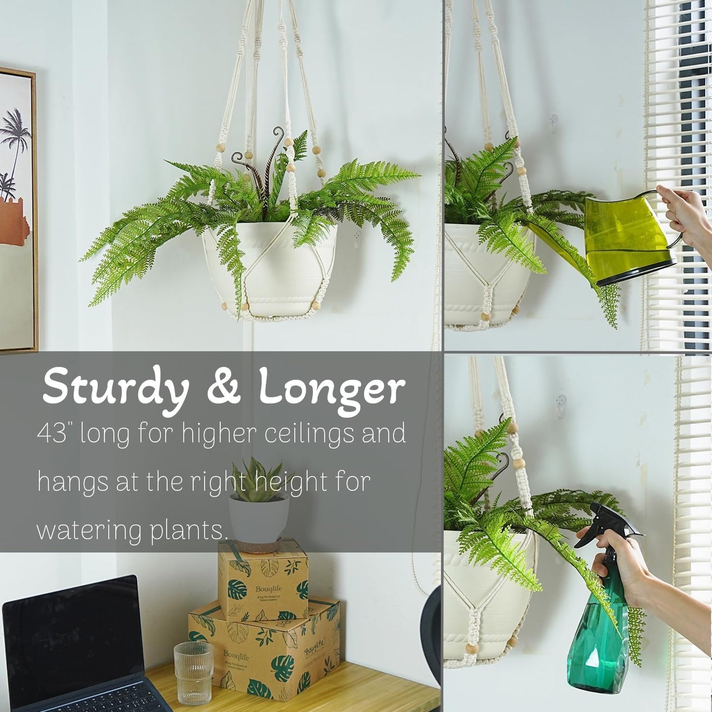 Bouqlife 43 Inches Macrame Plant Hanger Large for 14 inch Pot Extra Long No Tassel Cotton Rope Hanging Plant Holder with Ceiling Hook Bohemian Home Décor Beige 2Pack