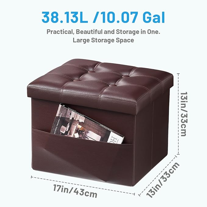 Bsketa Storage Ottoman Foot Rest Stool, Small Leather Storage Ottomans Bench, Folding Footstool with Side Pockets, Foot Rest Under Desk for Living Room Bedroom, 17x13x13 in, Brown