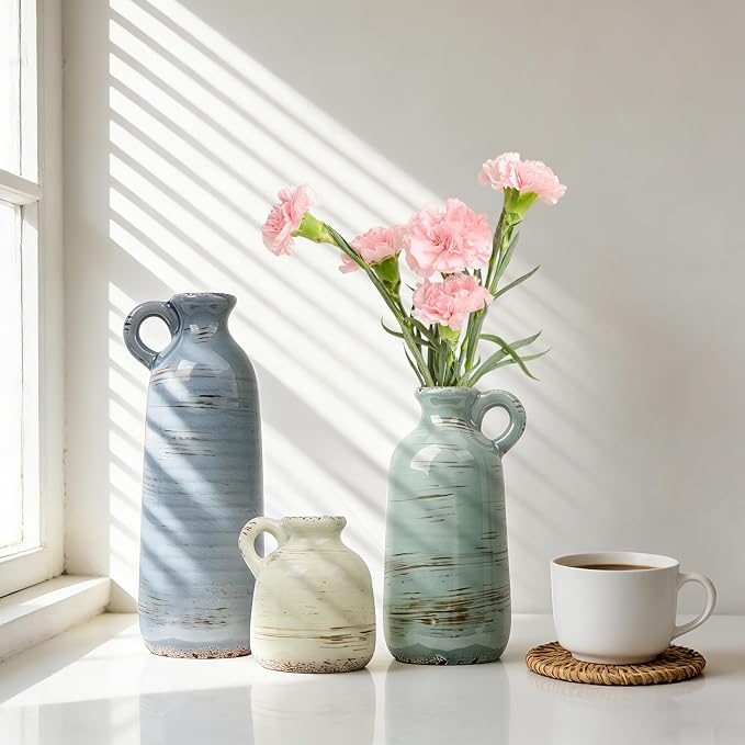 Ceramic Vase Set of 3, Vase with Handle, Modern Farmhouse Vases for Pampas Grass & Dried Flowers, Flower Vase for Table Living Room Home Decor-Multicolor