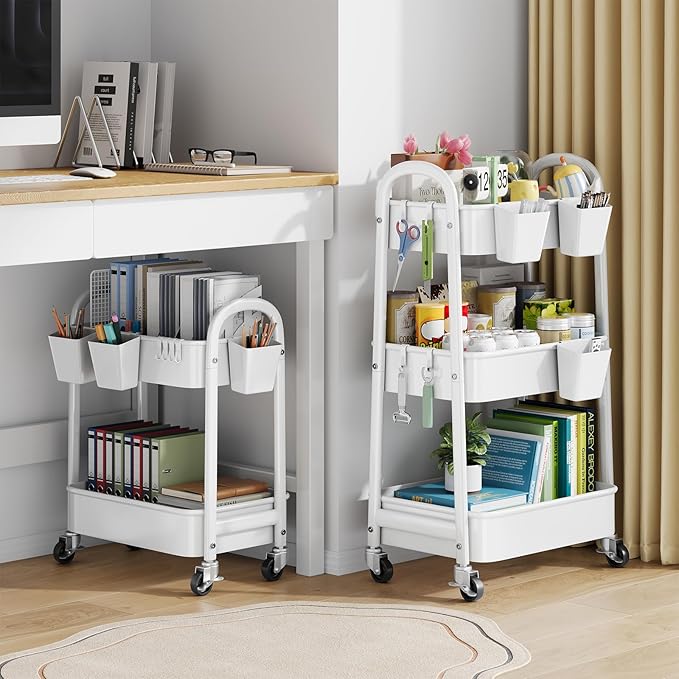 2 Tier Rolling Cart Metal with Wheels, White Under Desk Storage Roller Caddy on Wheels, Two Tiered Short Shelf Trolley, Small Utility Organizer Carts for Dorm, Bathroom, Craft, Art, Baby, Pantry,Snack