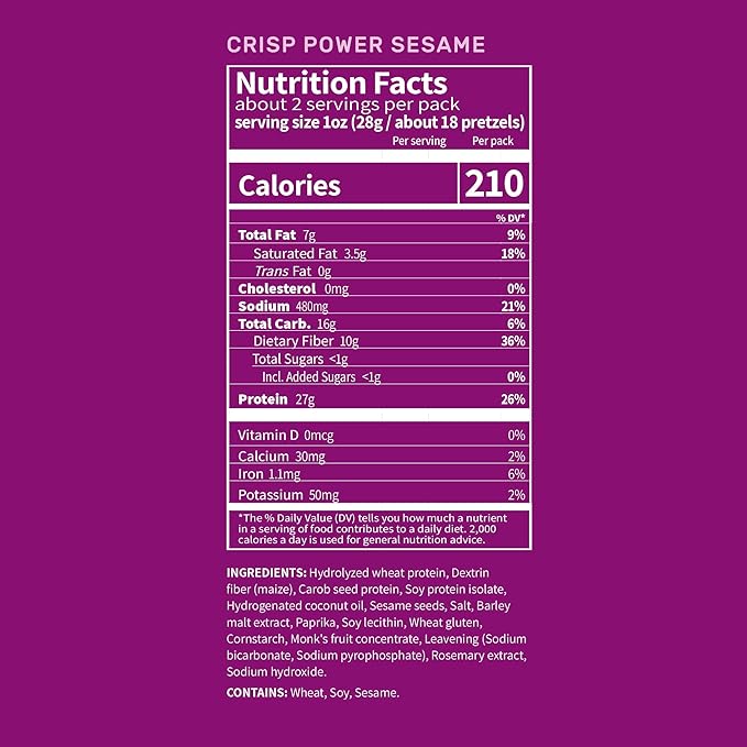 Crisp Power Protein Pretzels, Sesame, High Protein Vegan Keto Snack, 27 G Plant Based Protein, Low Carb Crunchy Pretzel Snacks, Sugar Free, No Seed Oils, 1.75 oz Bags, 6 Pack